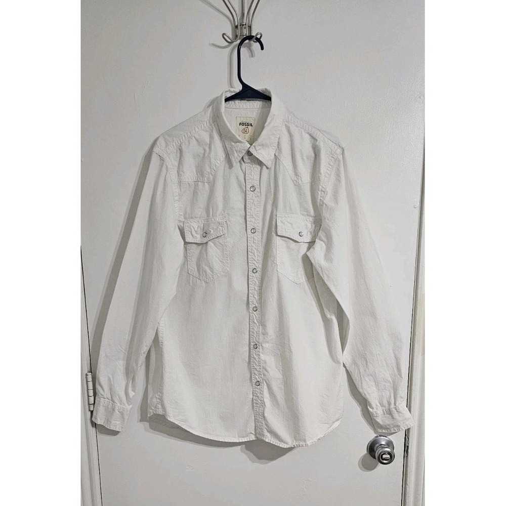 Fossil Pearl Snap Vintage Fit Button Down Shirt Women L White Western Cowgirl
